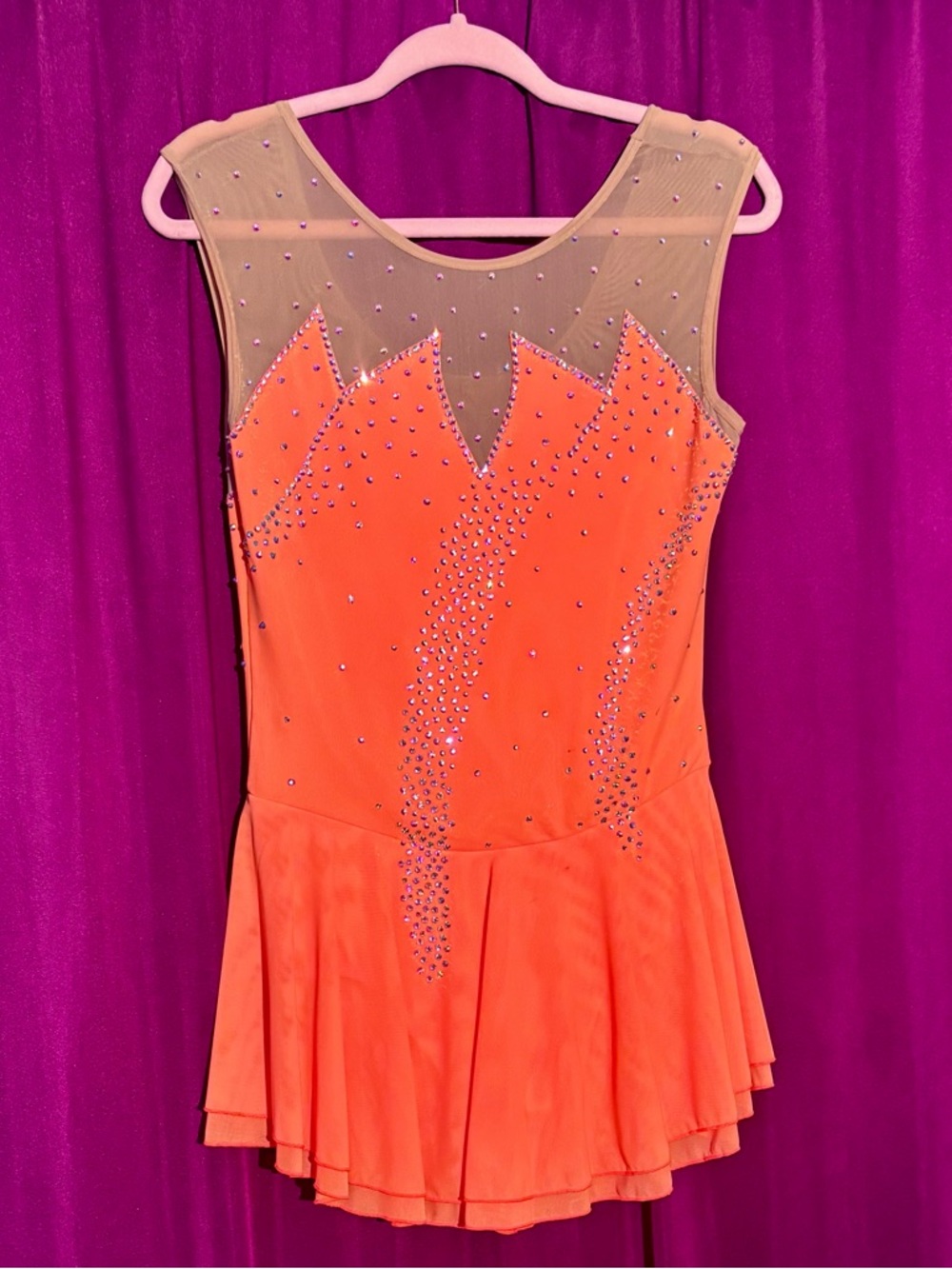 Adult Sparkly Figure Skating Competition Dress w/ Nude Mesh Yoke & Orange Skirt